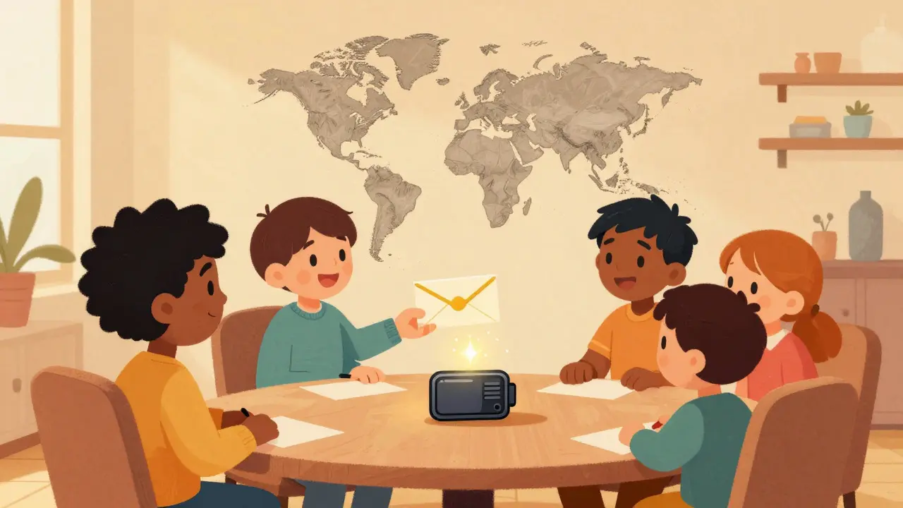 Friends sharing a package over a world map with a magical wallet.