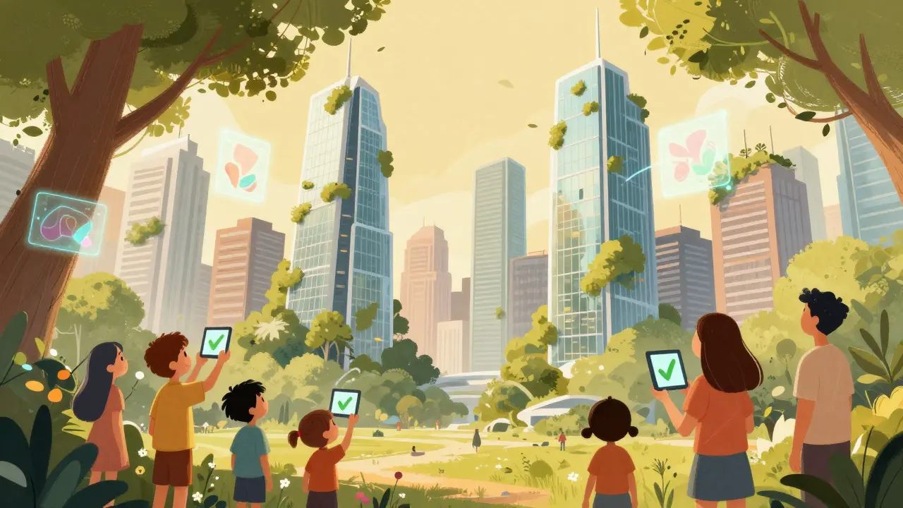 Futuristic city where digital art floats among trees, blending tech and nature.