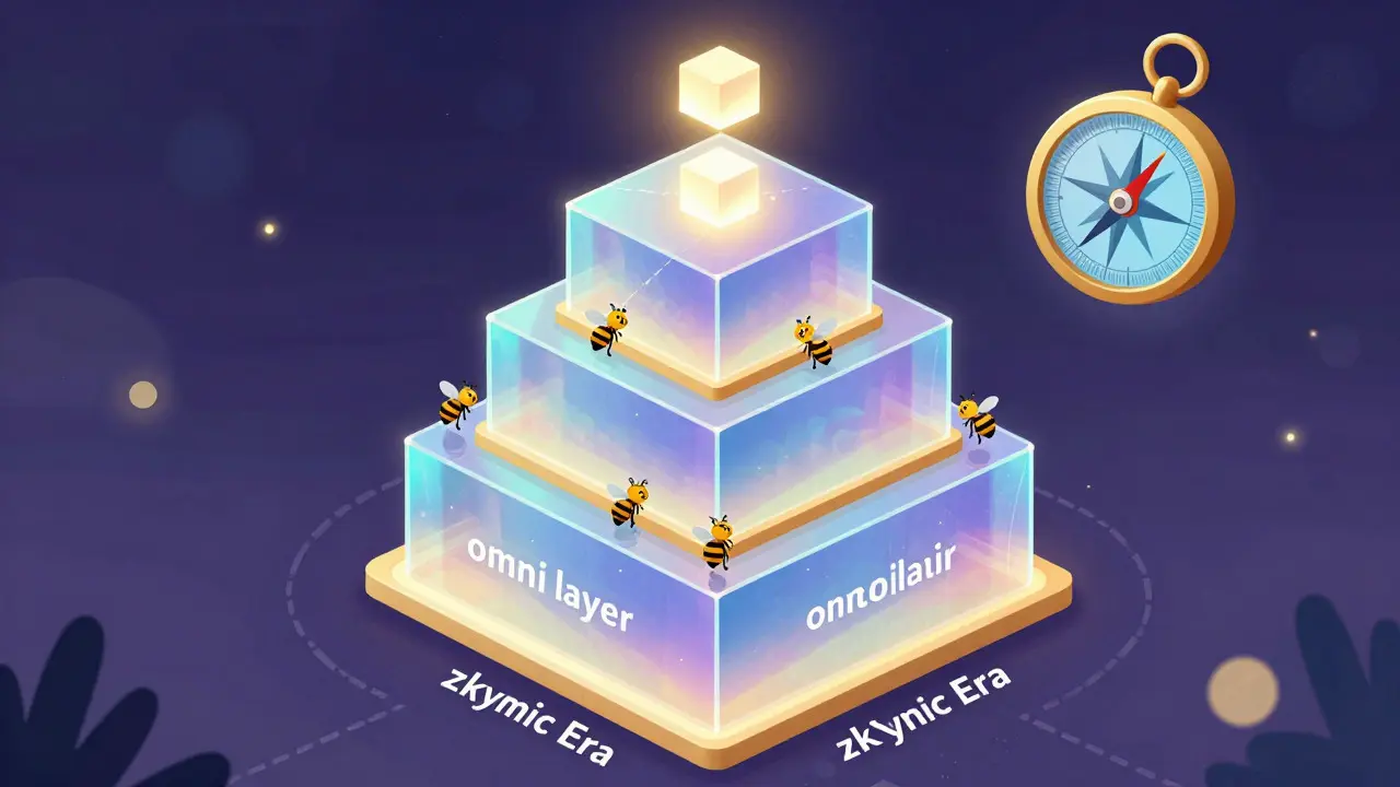 Futuristic layered glass structure being built by bees with a floating compass