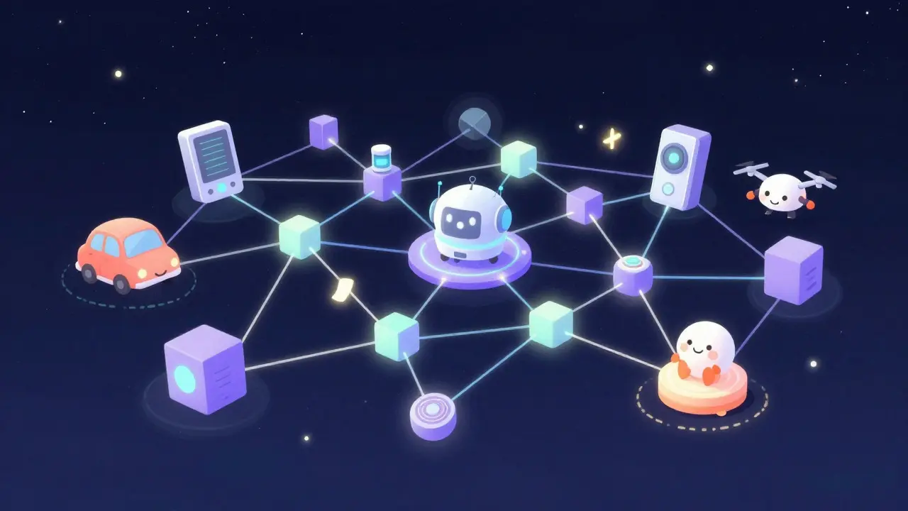 Glowing web connecting cute robots and devices in a starry sky.