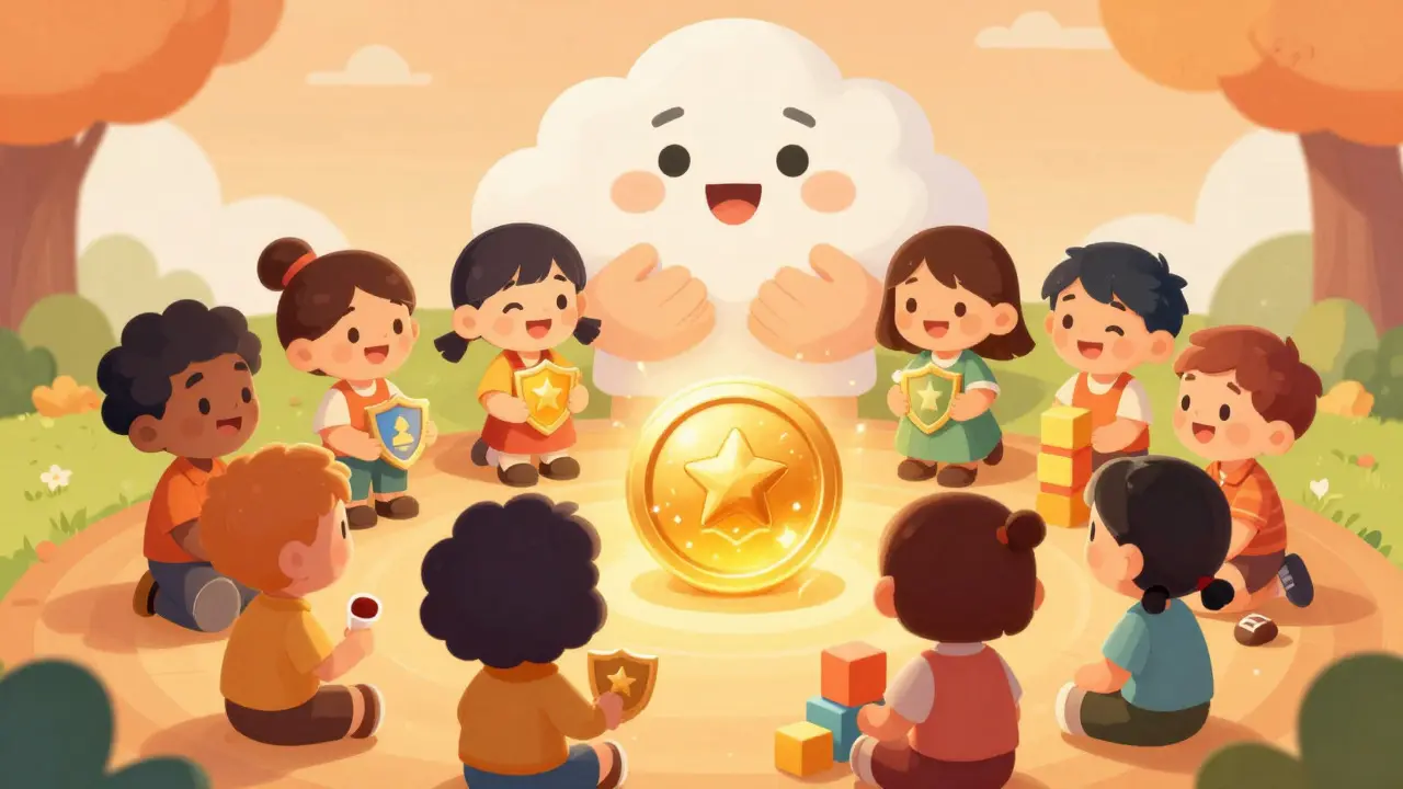 Happy cartoon characters gathering around a glowing golden token and stacked blocks