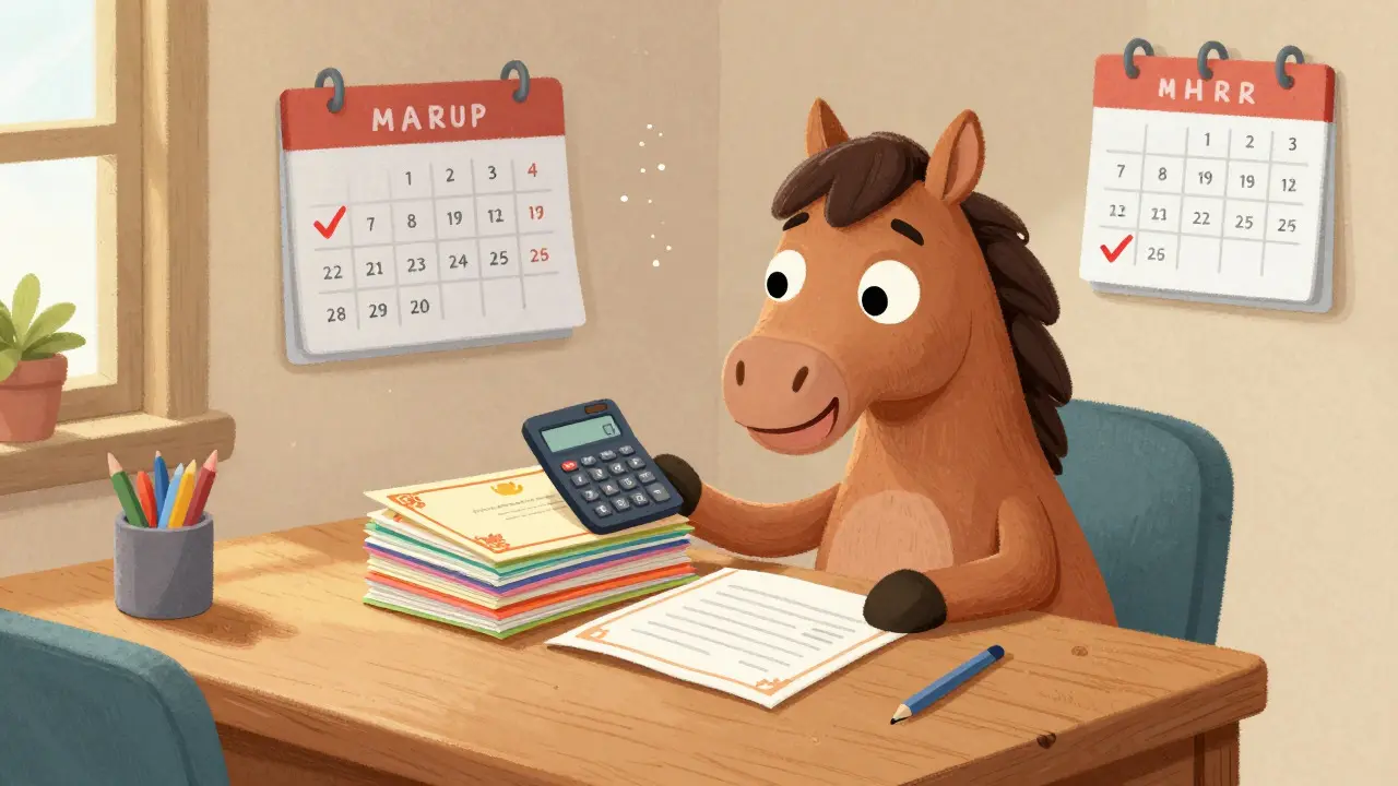Happy cartoon horse reviewing documents and tokens at a sunny desk