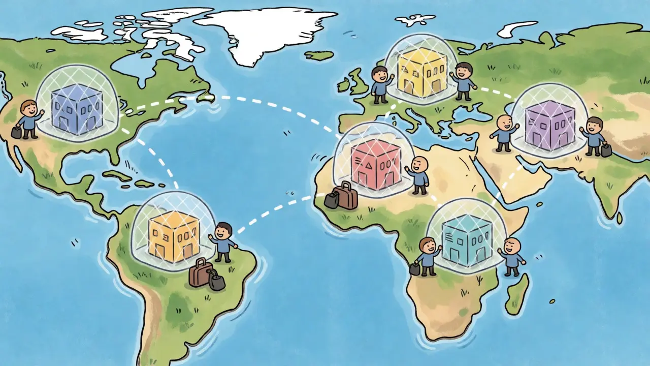 Illustrated world map showing global crackdowns and exchanges relocating to comply with laws
