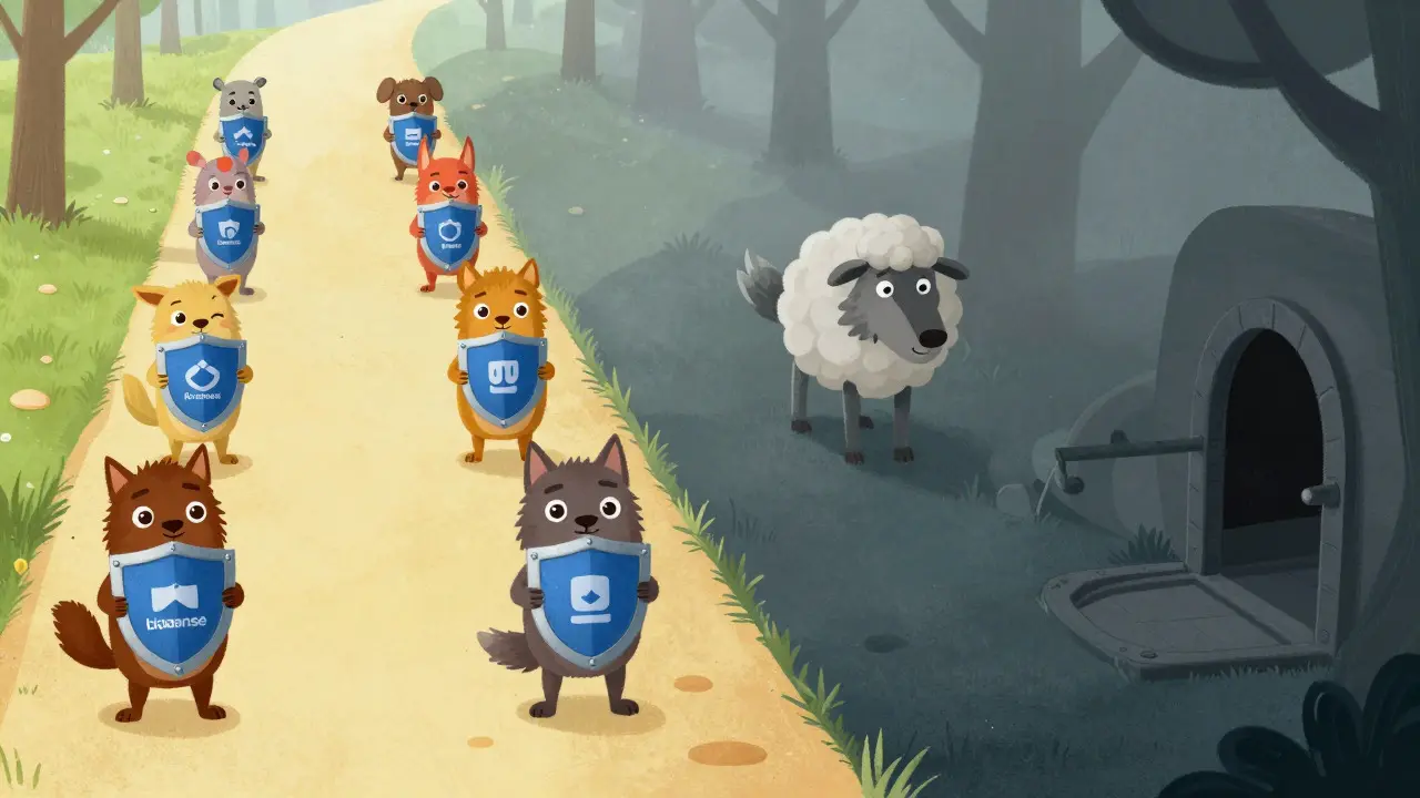 Illustration comparing a safe path with trusted guides versus a dangerous foggy path with hidden traps