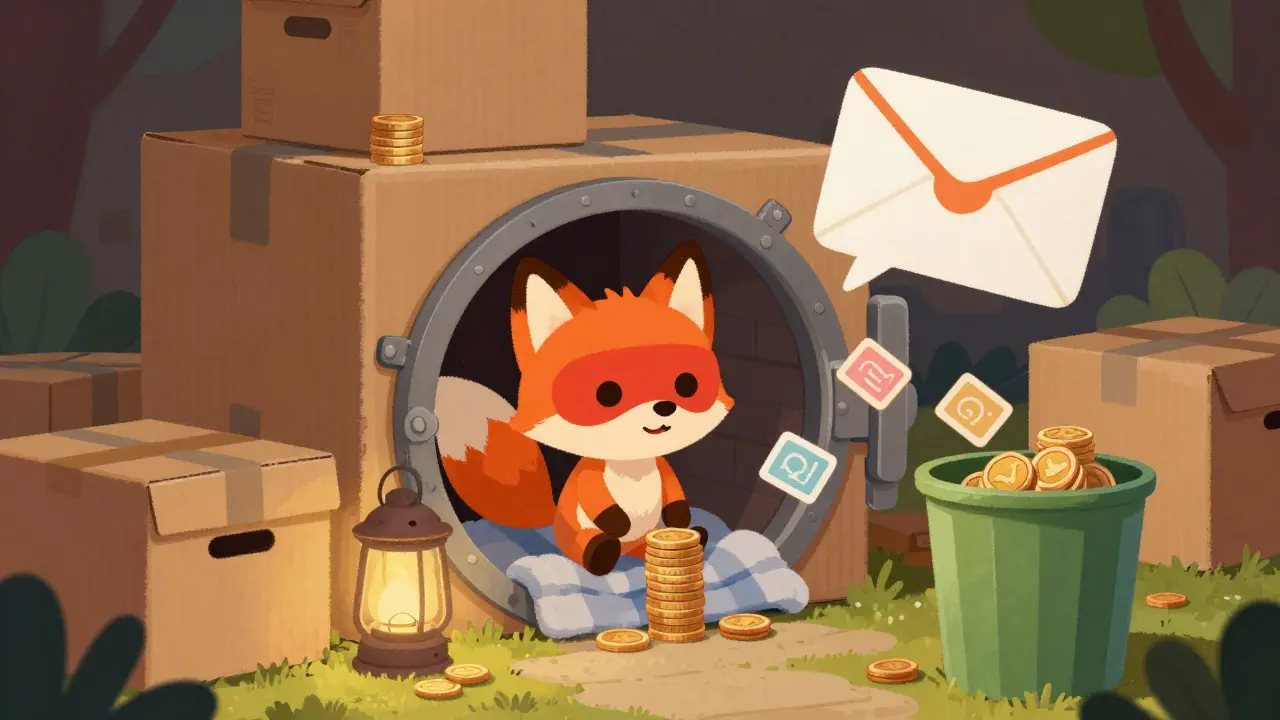 Illustration of a fox in a box counting coins without showing ID documents