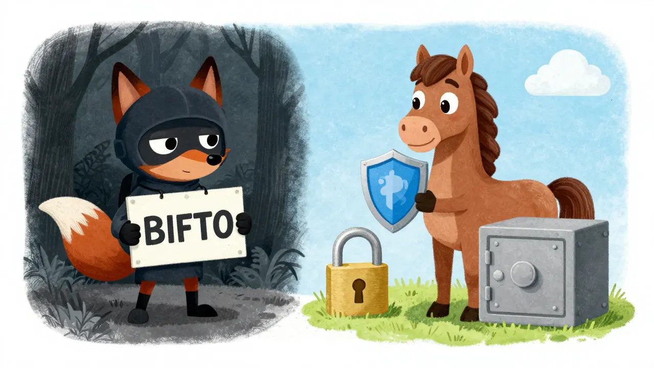 Illustration of a horse checking security shields against a sneaky fox scammer