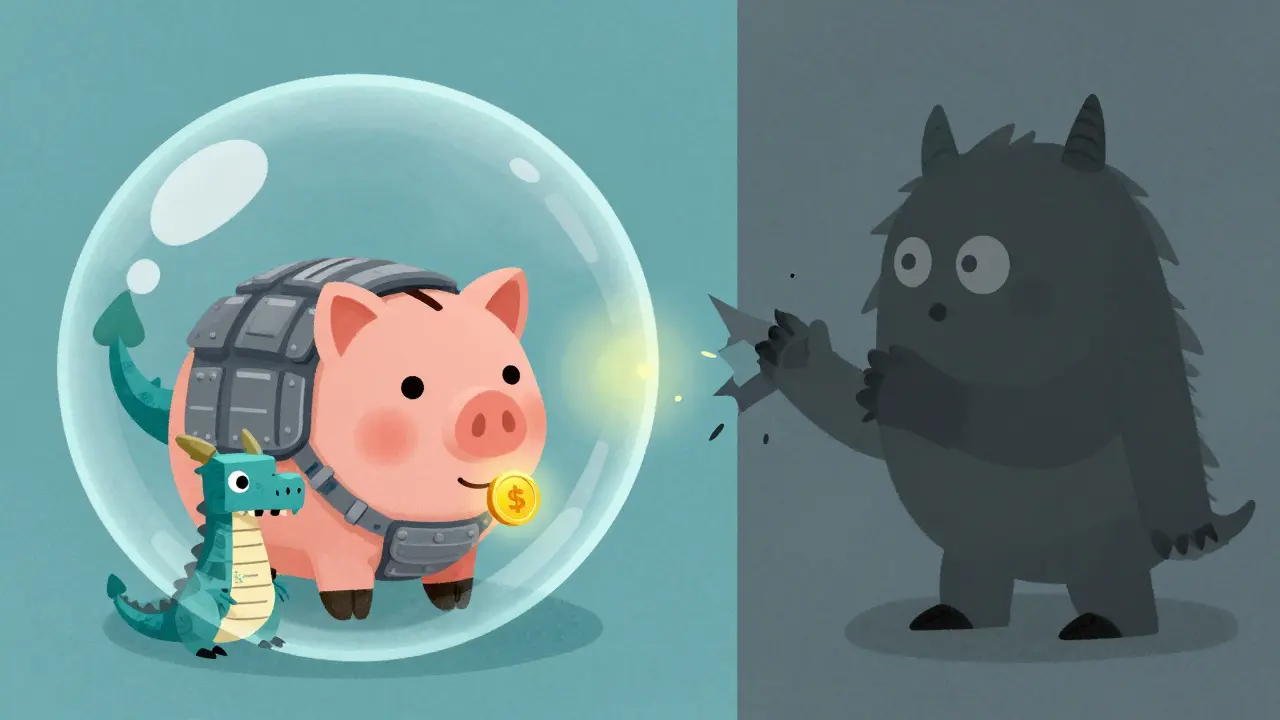 Illustration of a secure piggy bank protected by code dragons
