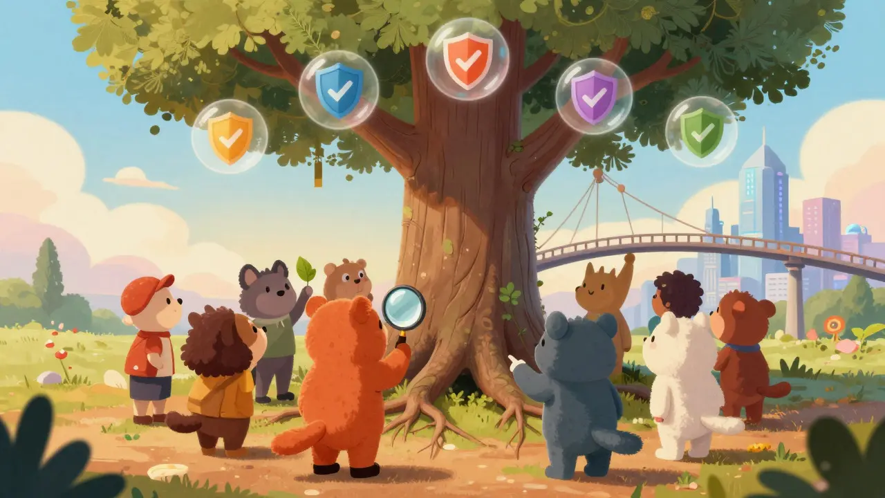 Illustration of animals gathering around a secure tree with a bridge to the future