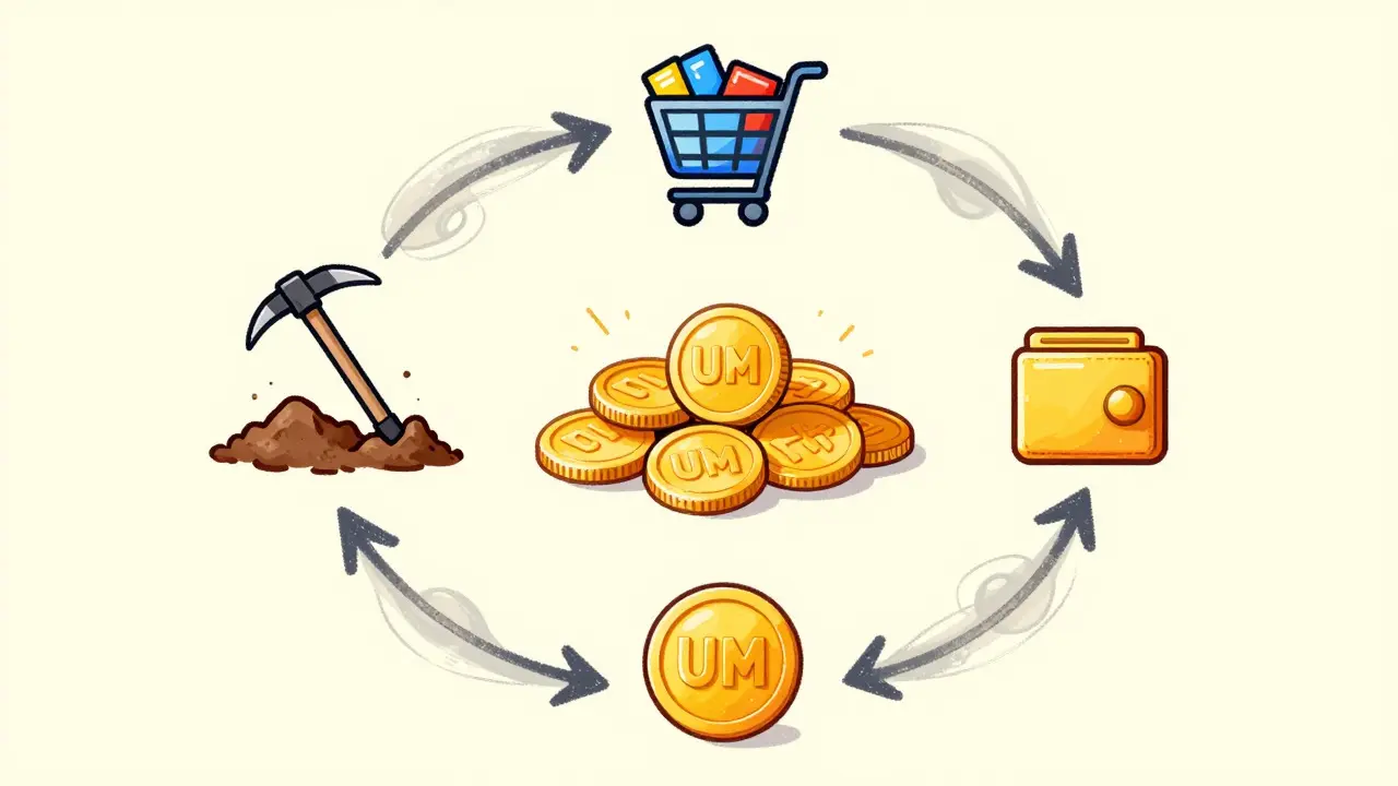 Illustration of game economy loop with coins, tools, and wallet in childlike art.