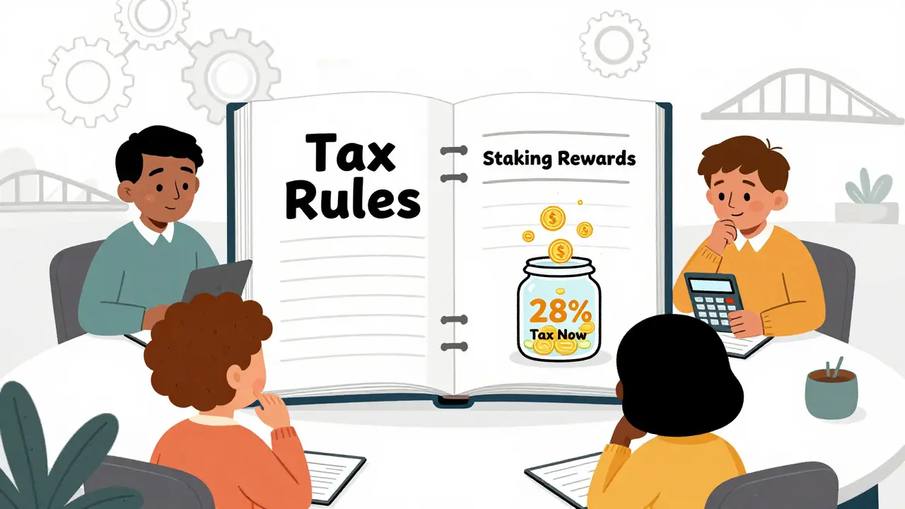 Illustration of people learning about crypto staking taxes and passive income rules.