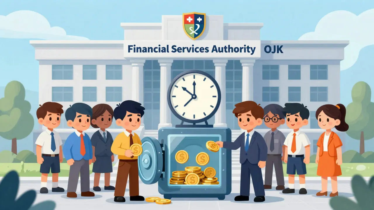 Illustration of people putting coins into a vault at a government building