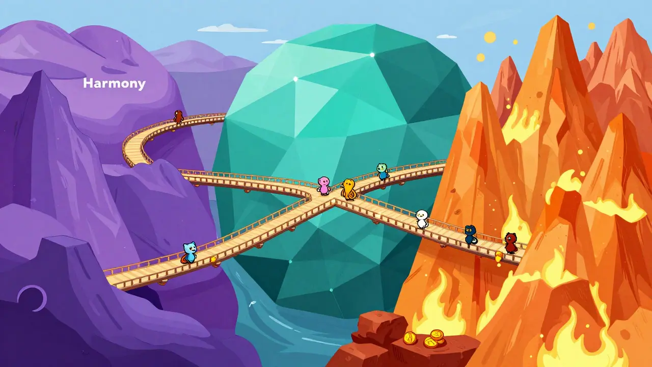 Illustration of three colorful worlds connected by bridges representing blockchains.