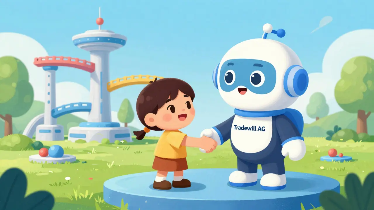 Illustration of two characters shaking hands on a platform with futuristic bridges in the background.