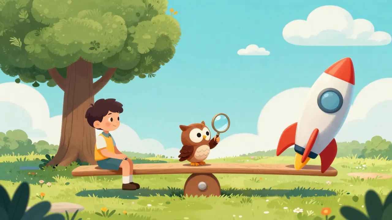 Owl comparing a tree and a rocket on a seesaw in a sunny park
