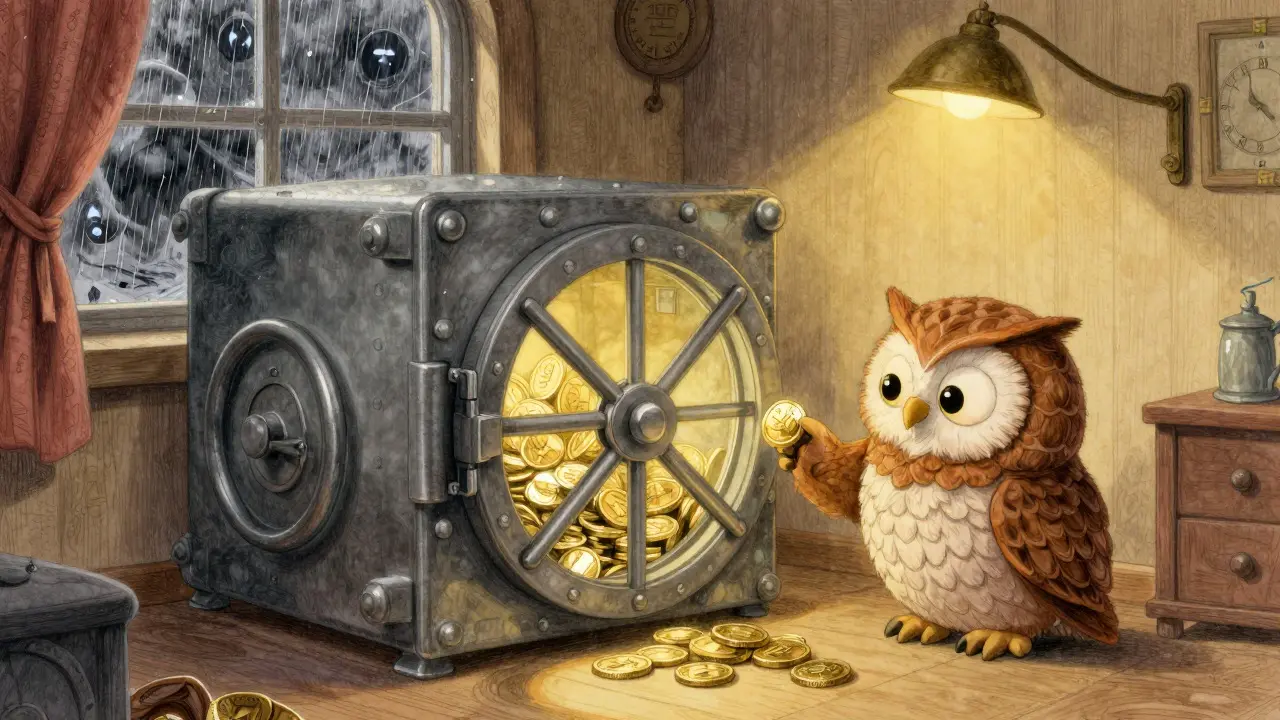 Owl securing coins in a sturdy vault while storm rages outside, symbolizing cold storage safety