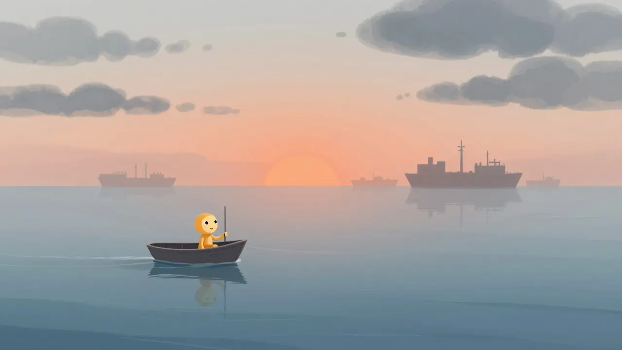 Small boat on calm sea symbolizing low crypto liquidity and market risk.