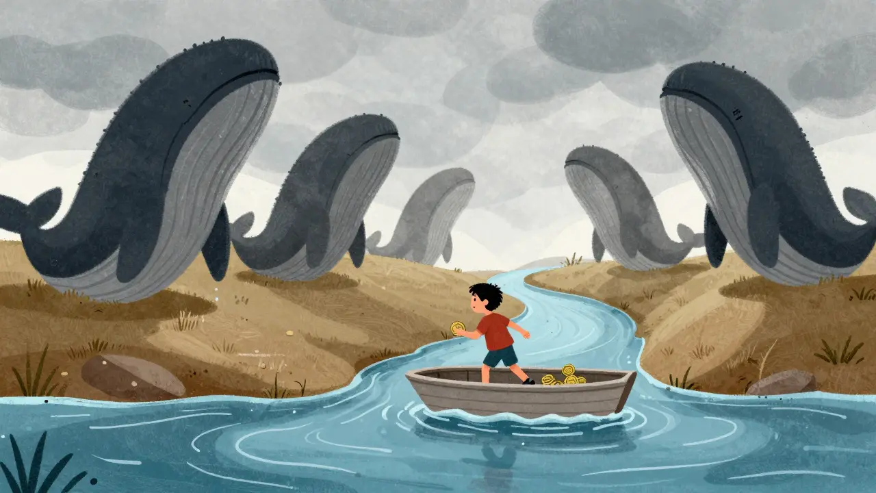 Small boat struggling in a shallow stream with looming whale shadows in a cartoon style.