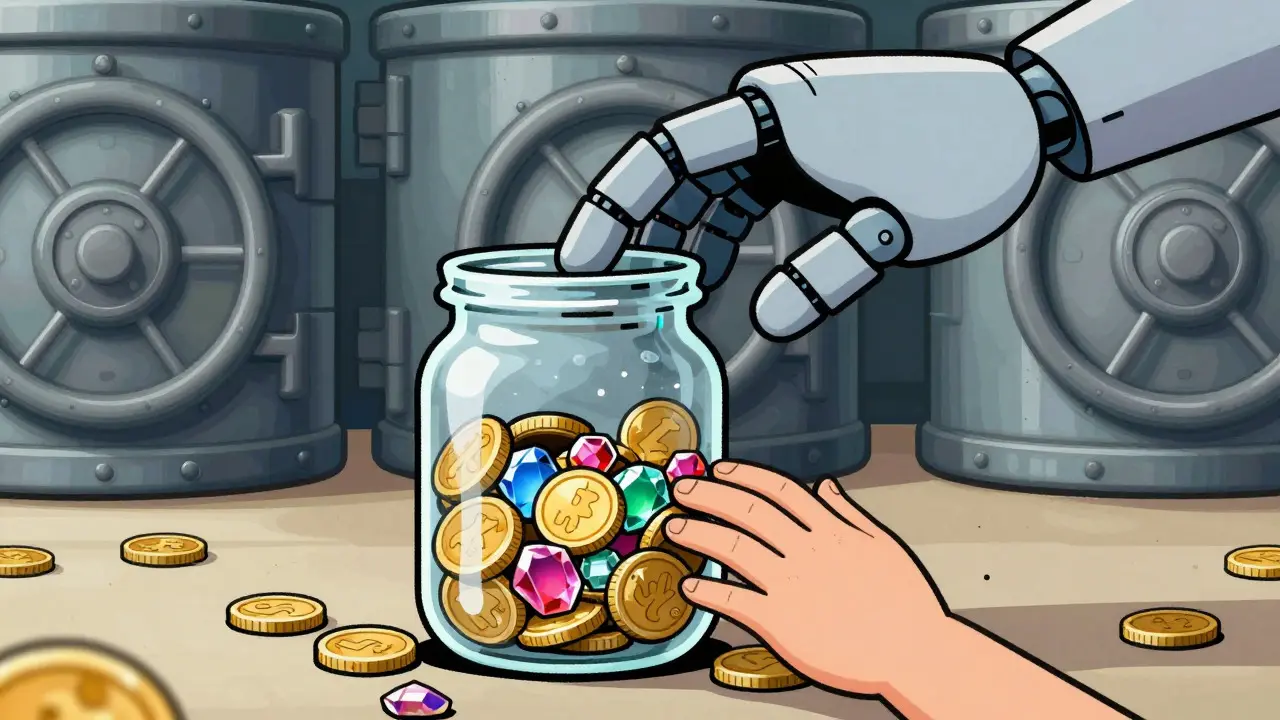 Small fragile jar of coins being reached for by a large robotic hand.