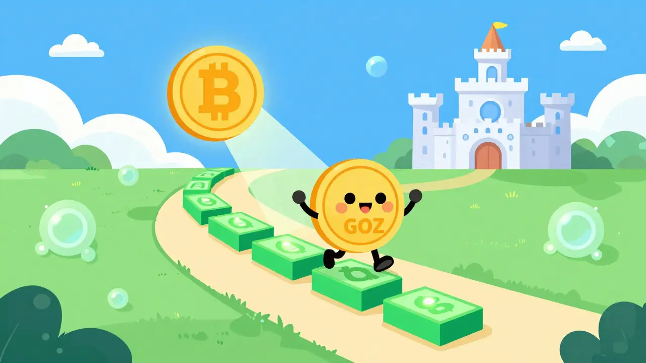 Smiling GOZ coin traveling on block chain