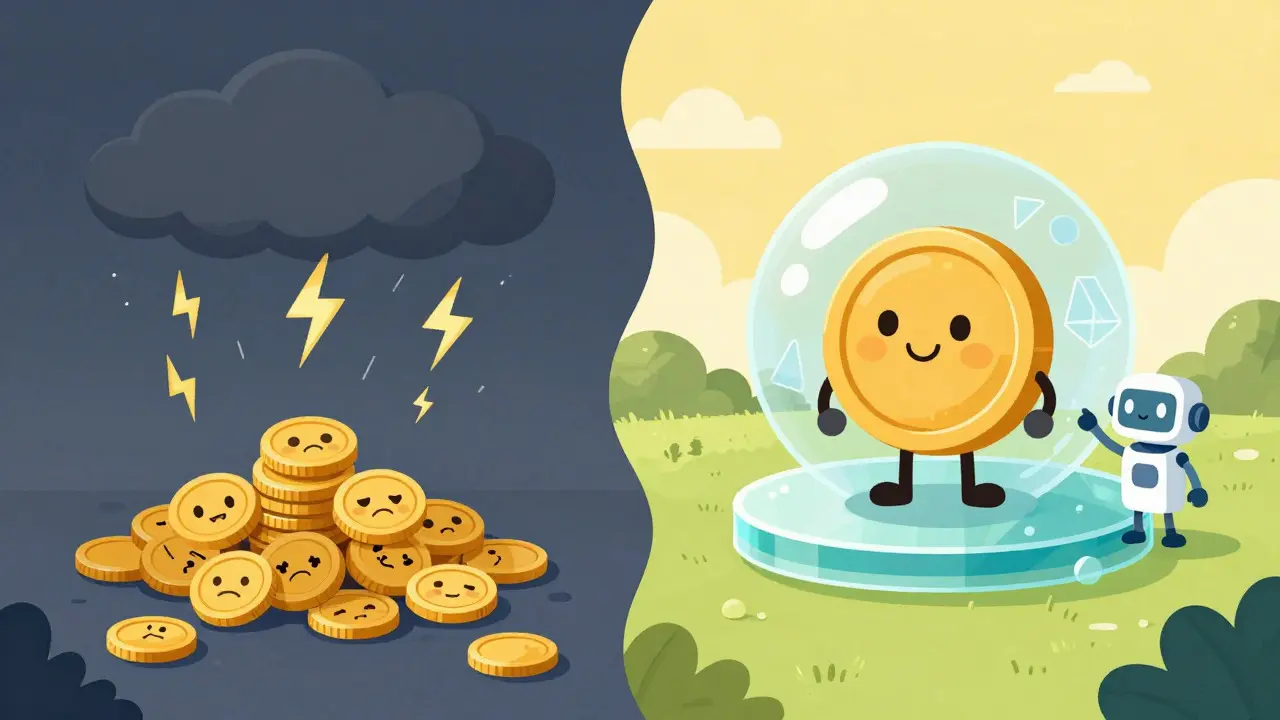 Split illustration contrasting a stormy exchange risk with a safe, transparent decentralized wallet