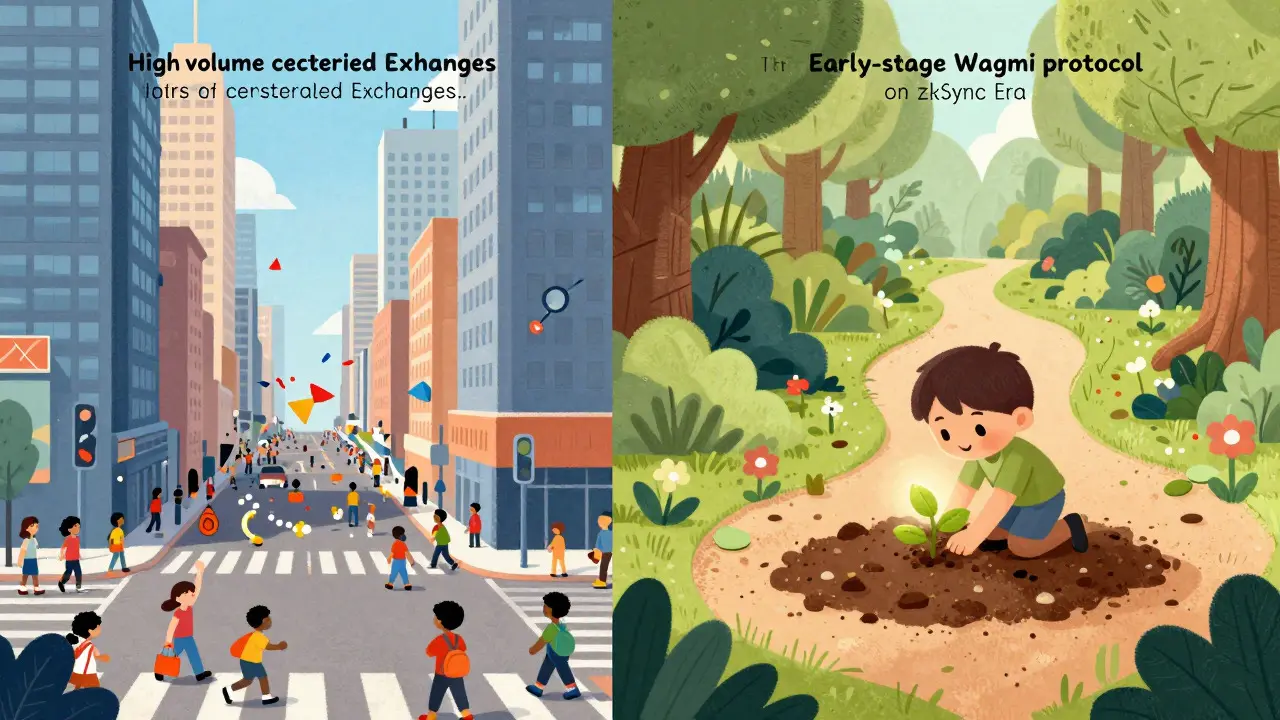 Split view of a busy city and a quiet garden where a character plants a glowing seed