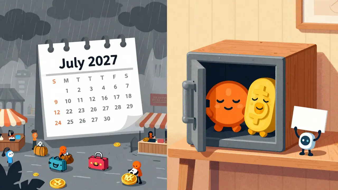 Split view of a stormy market day versus a safe private storage box for coins