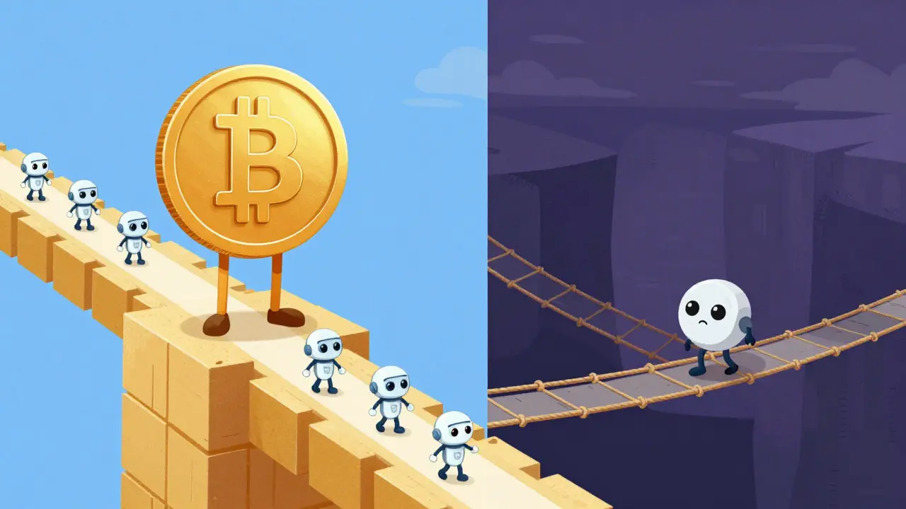 Split view of a strong Bitcoin coin on a bridge vs a weak altcoin on a rope