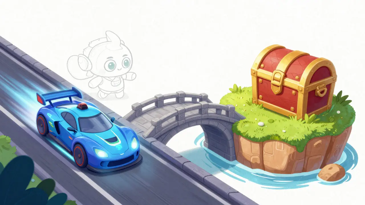 Split view of fast racing car and secure treasure bridge