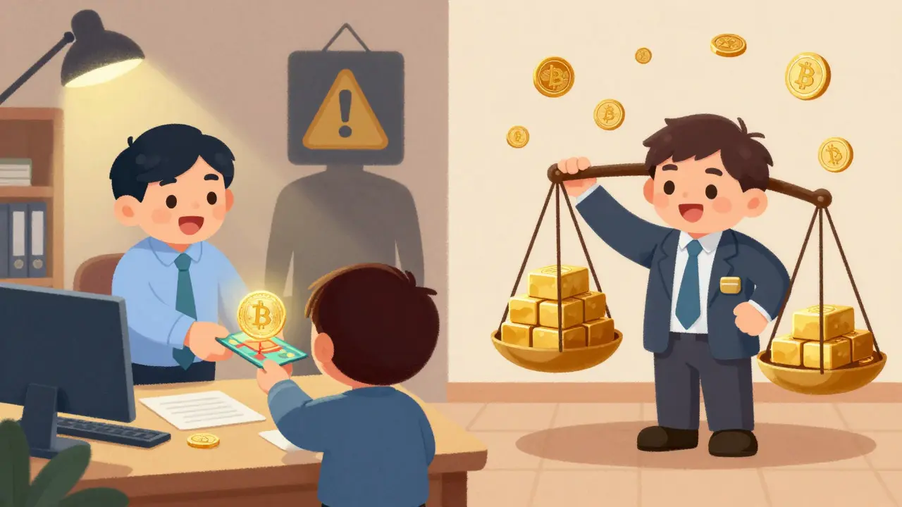 Split view of informal crypto payment and an accountant balancing taxes