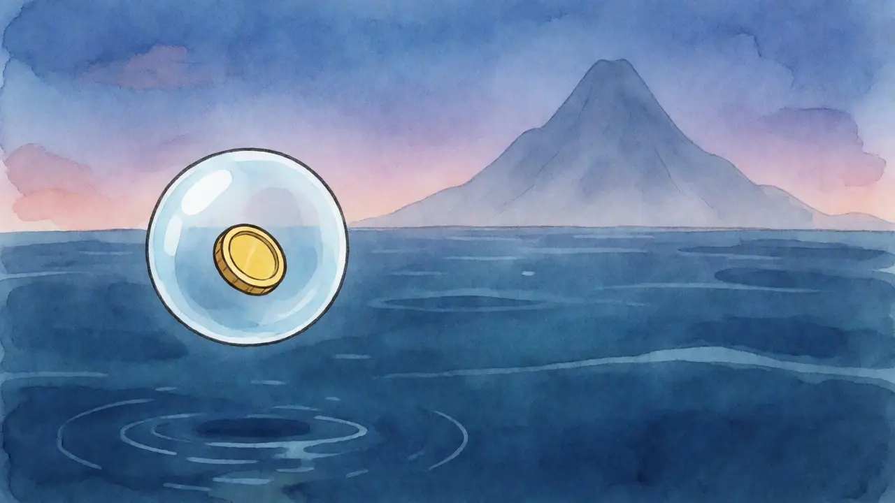 Tiny bubble floating over an empty ocean with a distant mountain peak