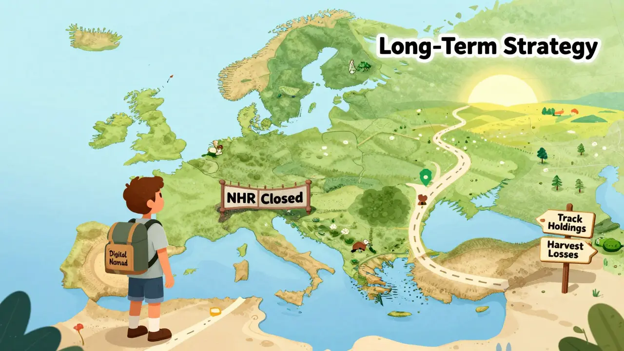 Traveler navigating new tax rules in Portugal with long-term strategy signs.