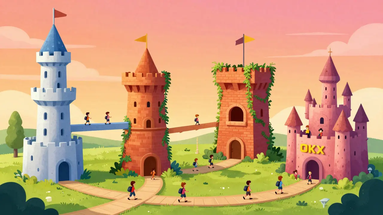 Whimsical landscape of four castle-like towers representing different crypto platforms