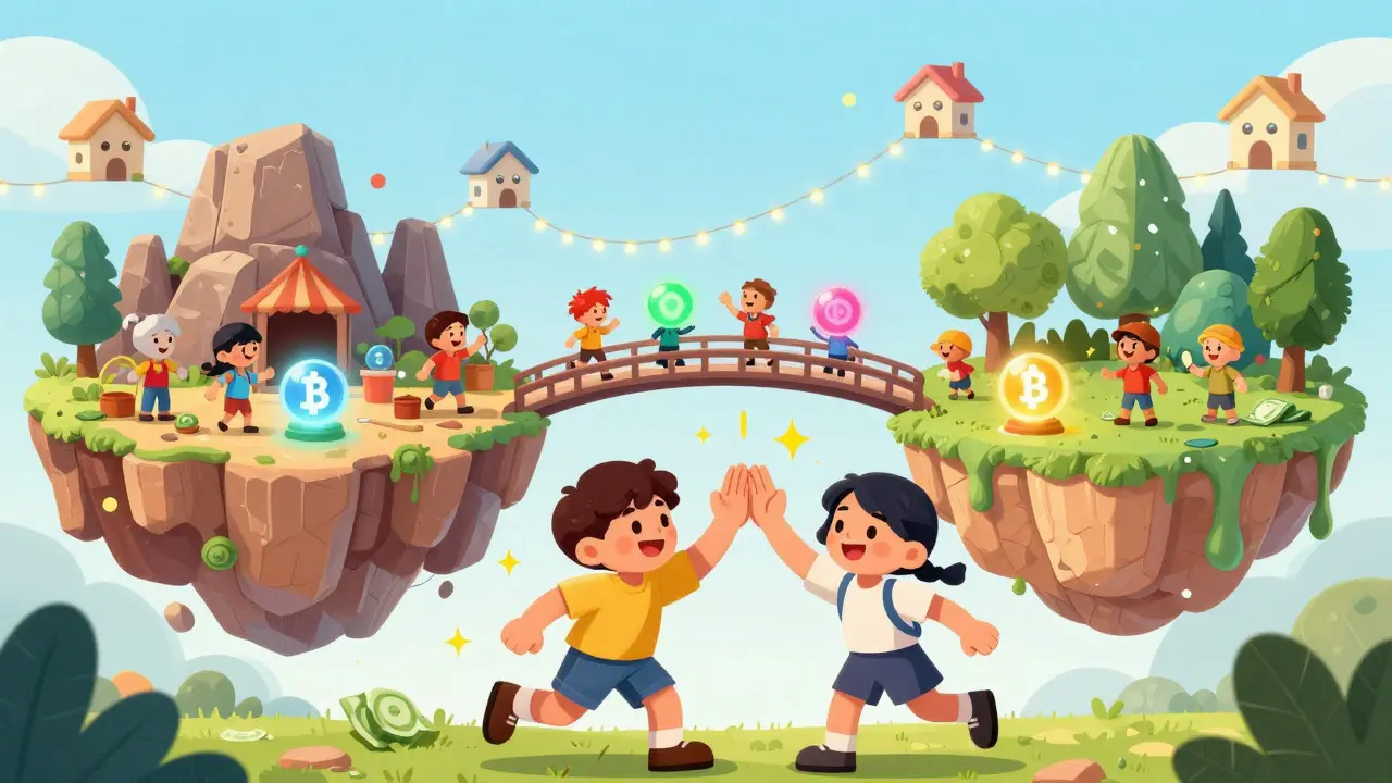 Whimsical marketplace scene showing characters swapping colorful crypto orbs across a magical bridge