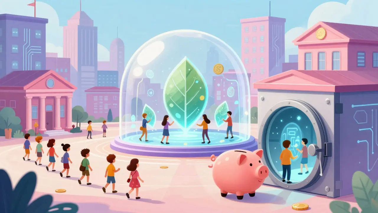 Whimsical view of a future city where banks integrate glowing digital currency systems