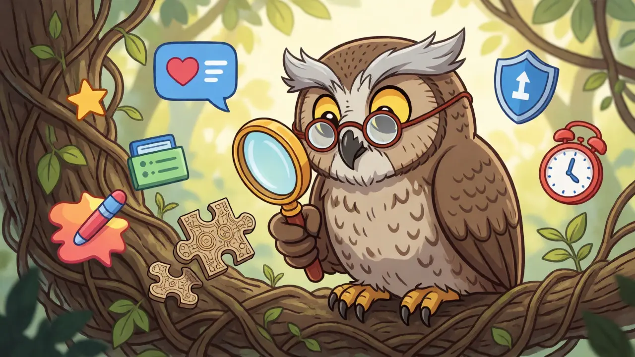 Wise owl examining a puzzle piece surrounded by task icons