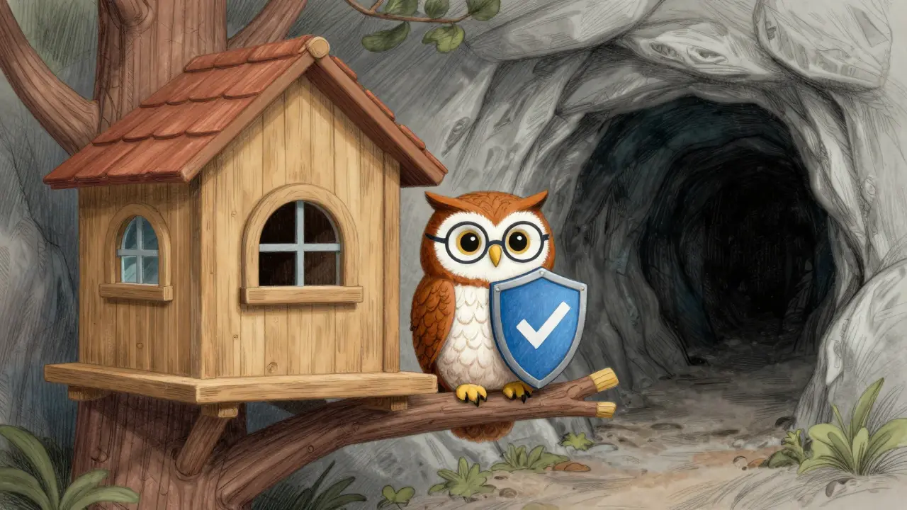 Wise owl with shield near a safe treehouse vs a dark empty cave.