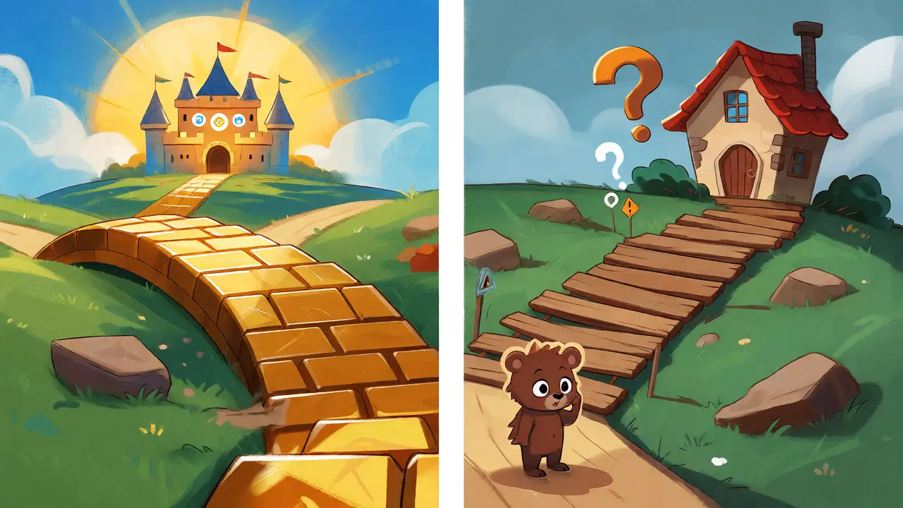 A bear choosing between a wide bridge and a narrow plank path.
