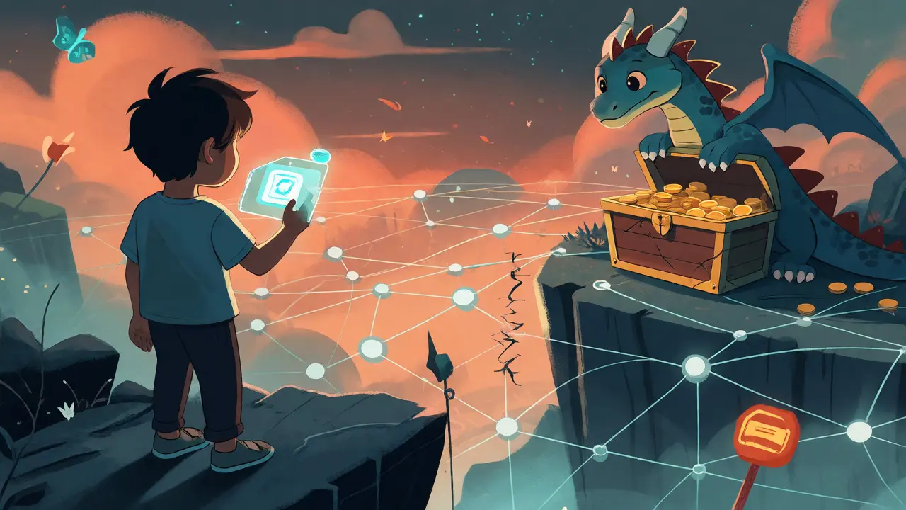 A character inspects a glowing token near a cracked treasure chest guarded by a dragon.