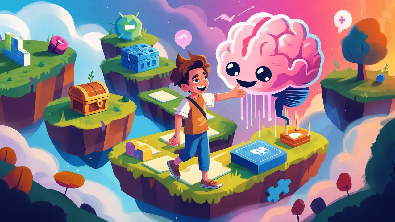 A character navigating a gamified digital path guided by an AI brain icon.