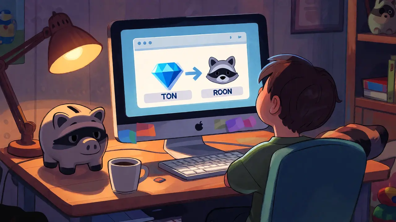 A child swapping crypto on a computer next to a raccoon piggy bank and coffee.