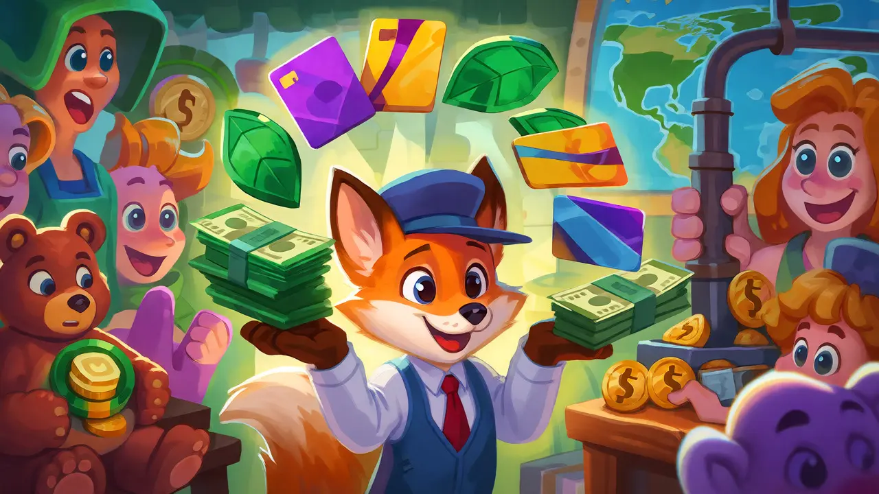 A clever fox juggling gift cards and coins in a busy crypto workaround market scene.