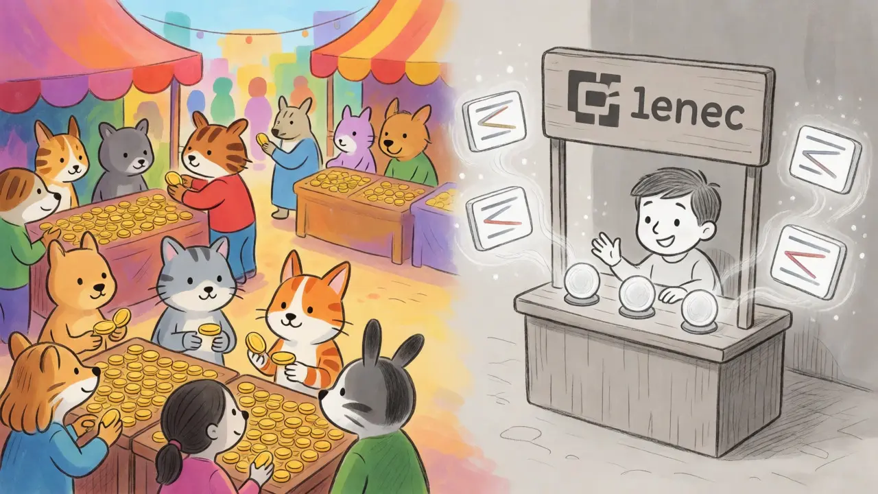A comparison between a busy crypto market and a small, isolated development booth.