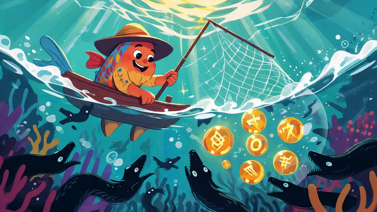 A fisherman catching golden orbs in a protected pool while shadowy eels try to steal them.