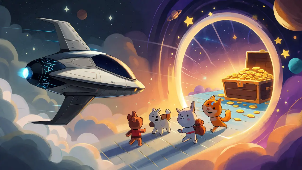 A futuristic ship flying toward a glowing portal where animals collect gold coins.