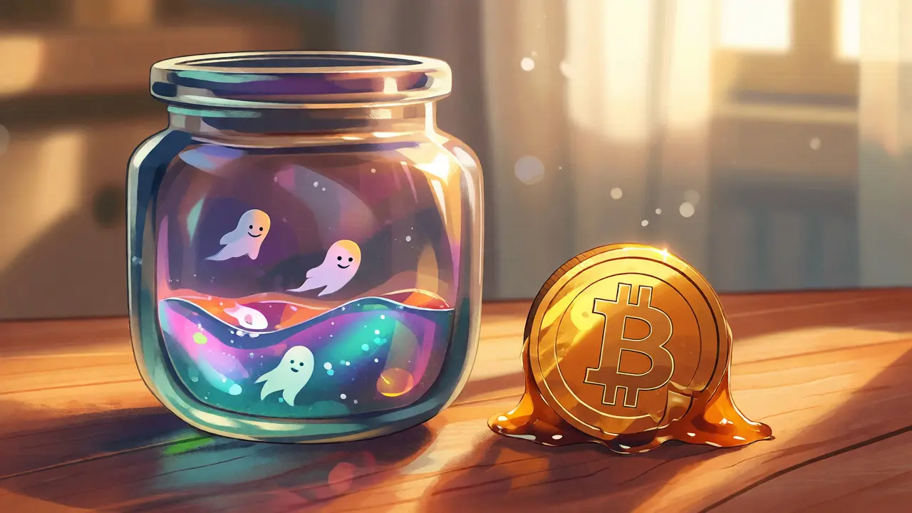 A jar of tokens next to a coin stuck in sticky amber.