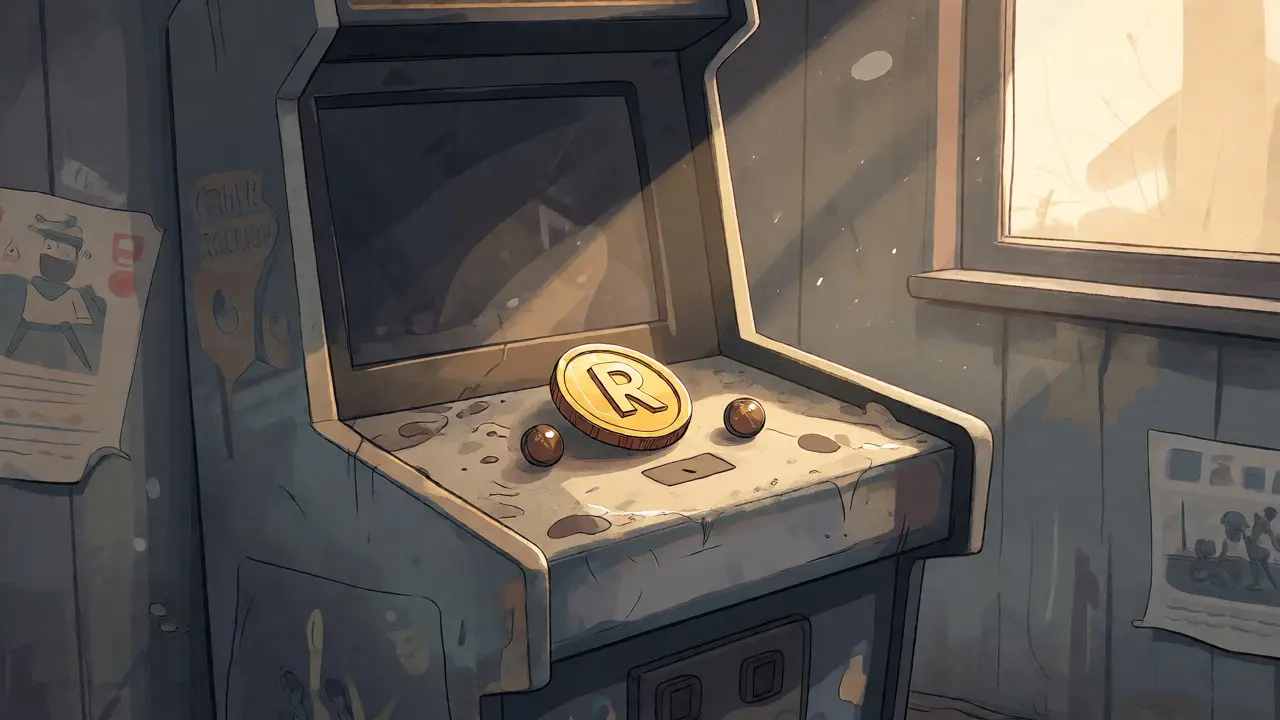 A lonely RFR token on an abandoned arcade machine in a nostalgic setting