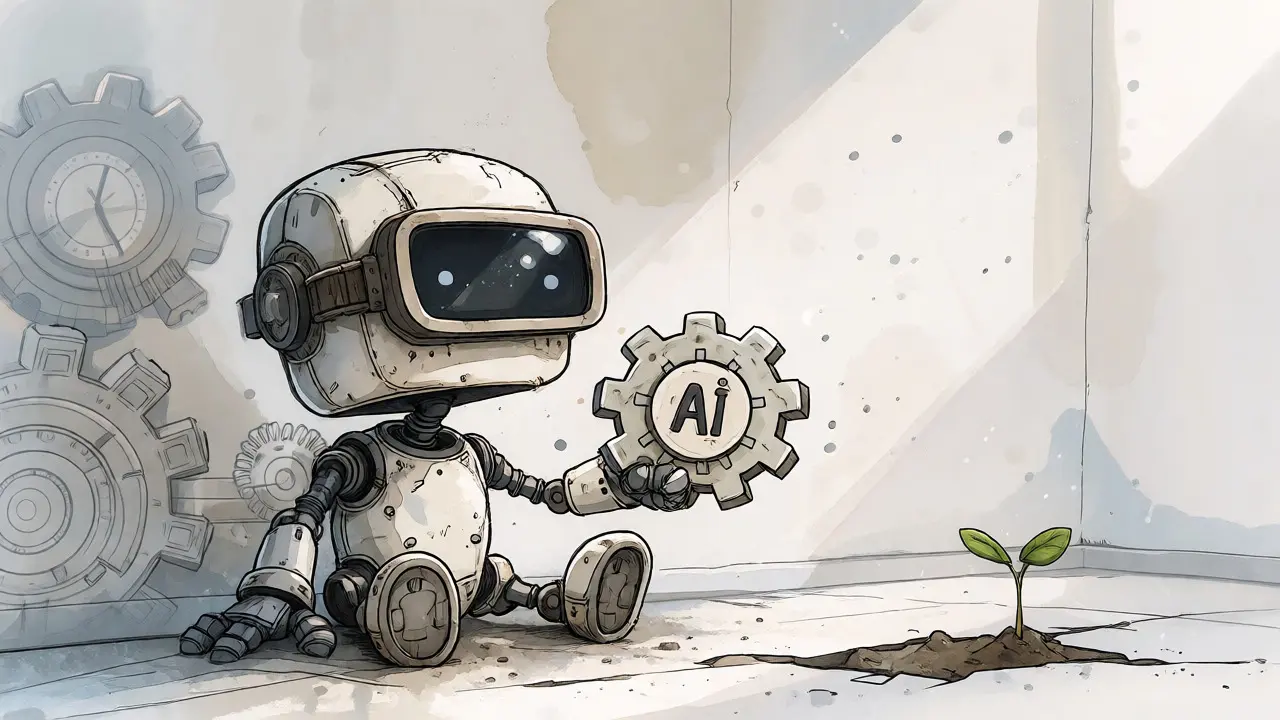 A lonely robot holding a broken AI gear in an empty room, symbolizing missing technical documentation.