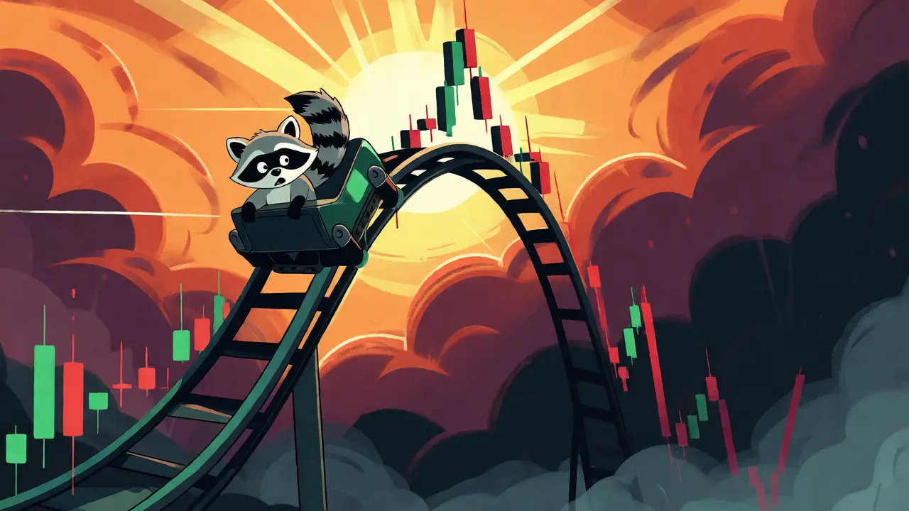 A raccoon riding a rollercoaster made of stock market charts up and down.