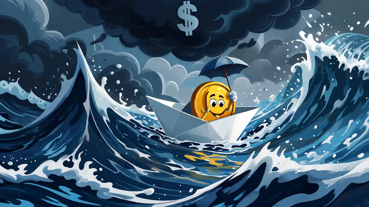 A tiny coin in a paper boat navigating a huge turbulent wave, representing high market risk and volatility.