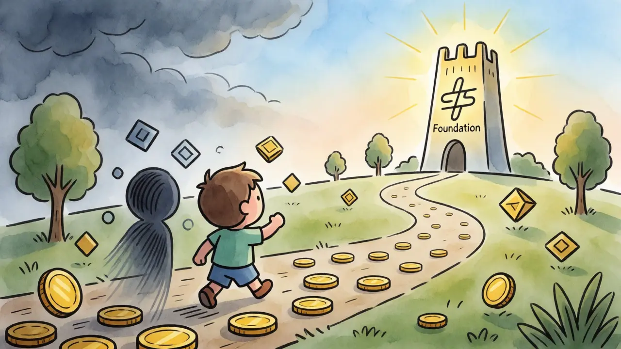 Avatar walking path from fading old token era to new foundation tower